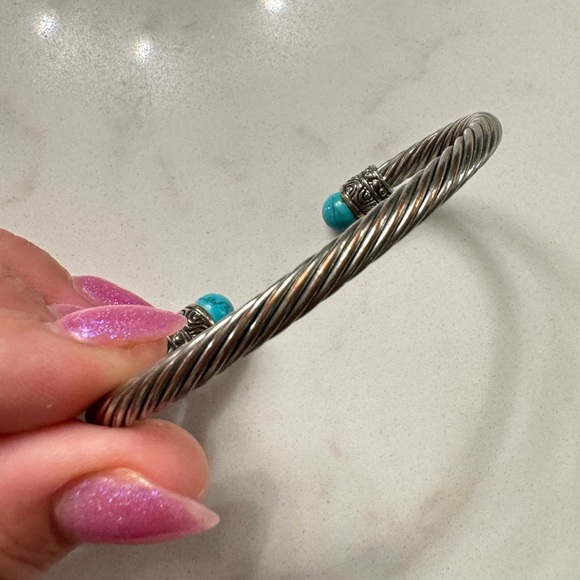 Silver Cable Bracelet with Faux Turquoise - Adjustable Silver Tone Cable Cuff - Picture 6 of 13